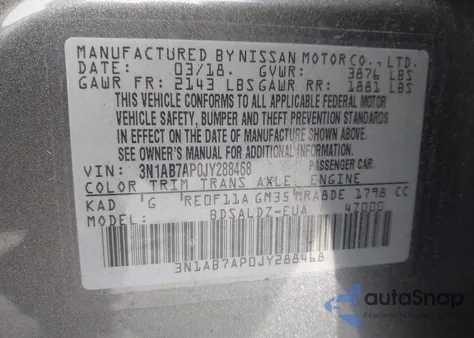 2018 Nissan Sentra Sv z USA, uszkodzony, nr VIN 3N1AB7AP0JY288468